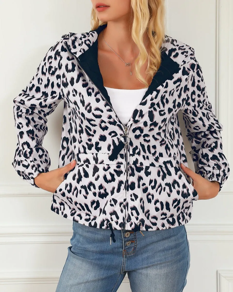 Leopard Zip Up Hooded Windbreaker