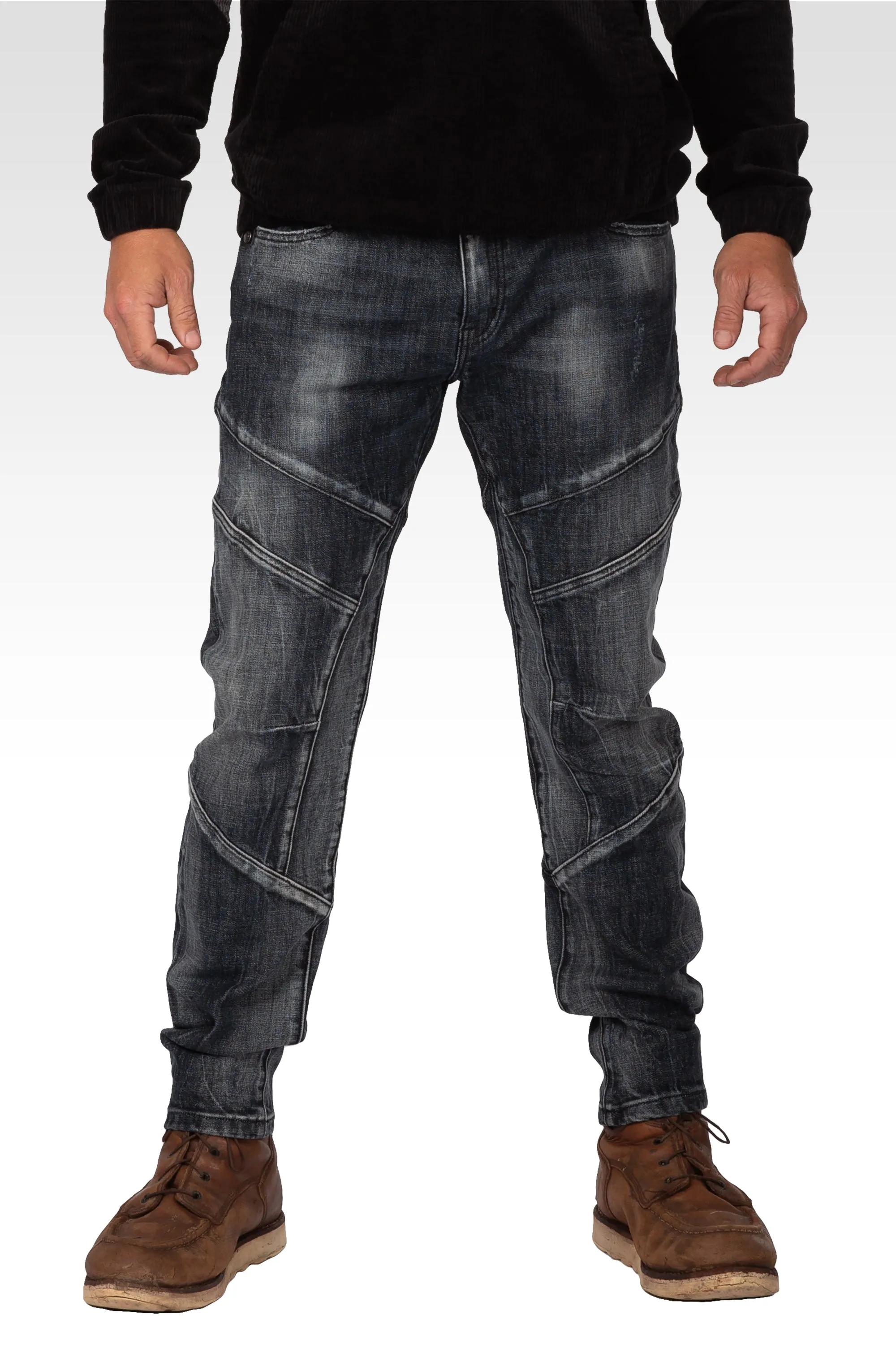 Level 7 Men's Curve Leg Slim Taper Moto Jeans Blasted Black Cut & Sewed Detail