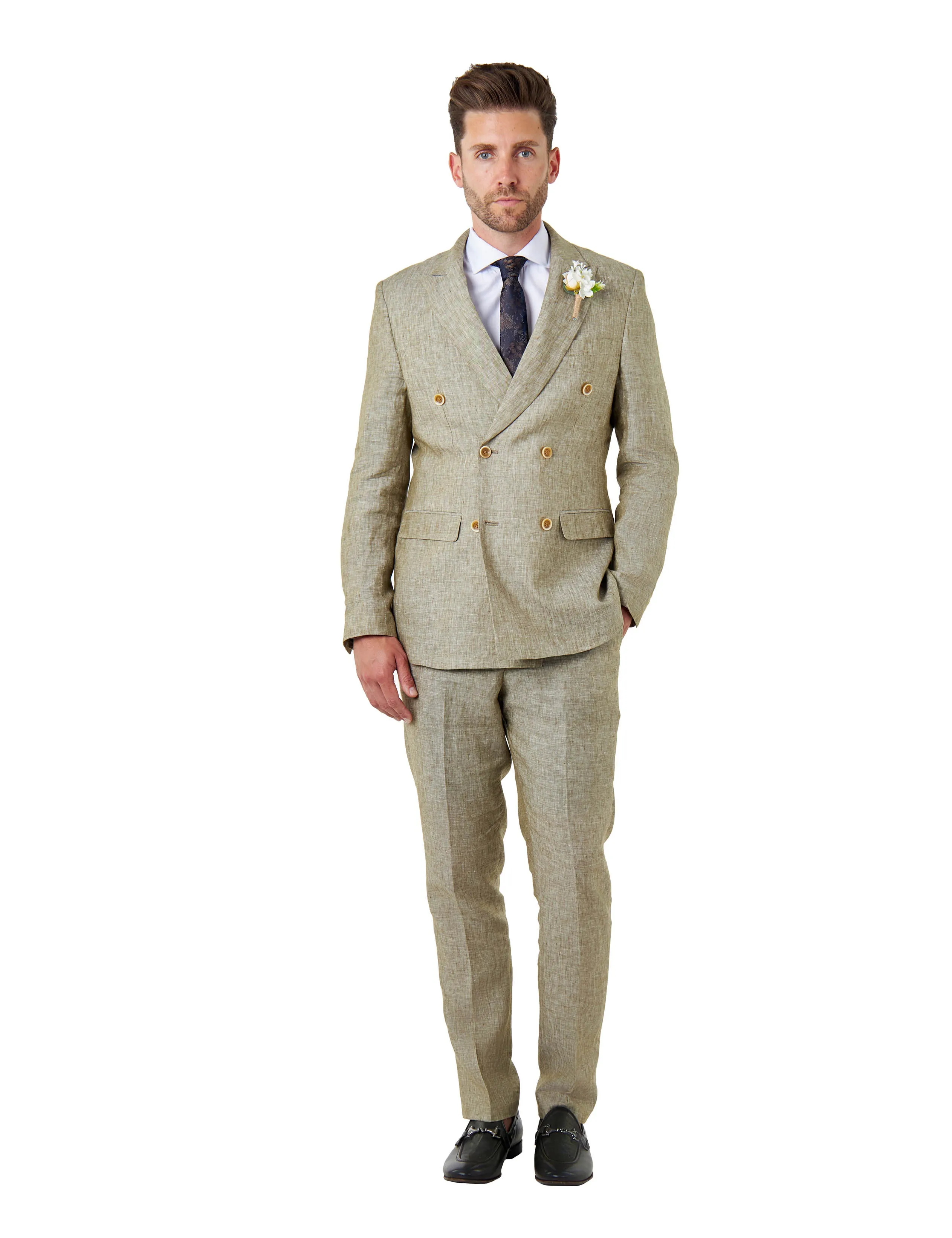 LEWIS - Tailored Fit Sage Green Linen Double Breasted Jacket