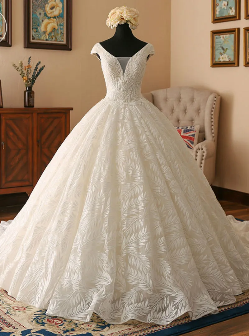 Light Champagne Ball Gown V-neck Backless Lace Wedding Dress