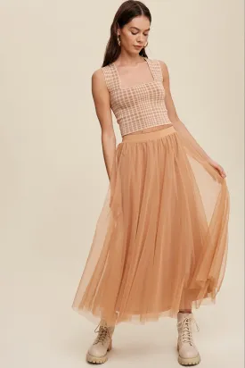 Light Clay Elastic Waist Maxi Tulle Skirt