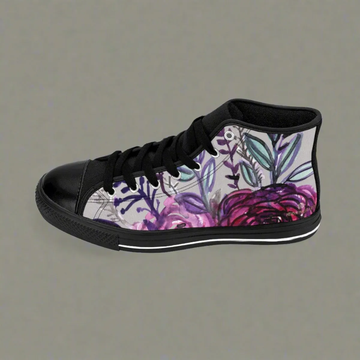 Light Gray Floral High Tops, Purple Rose Floral Print Men's High-top Sneakers Tennis Shoes