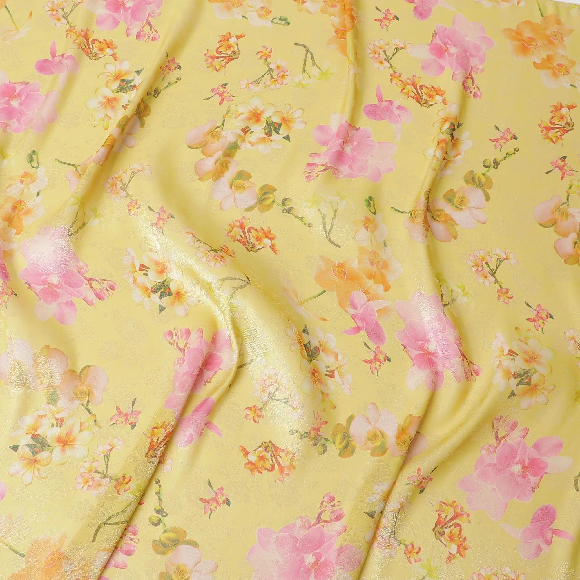 Light mustard yellow silk chiffon fabric with multicolor print in floral design having organza finish-D6637