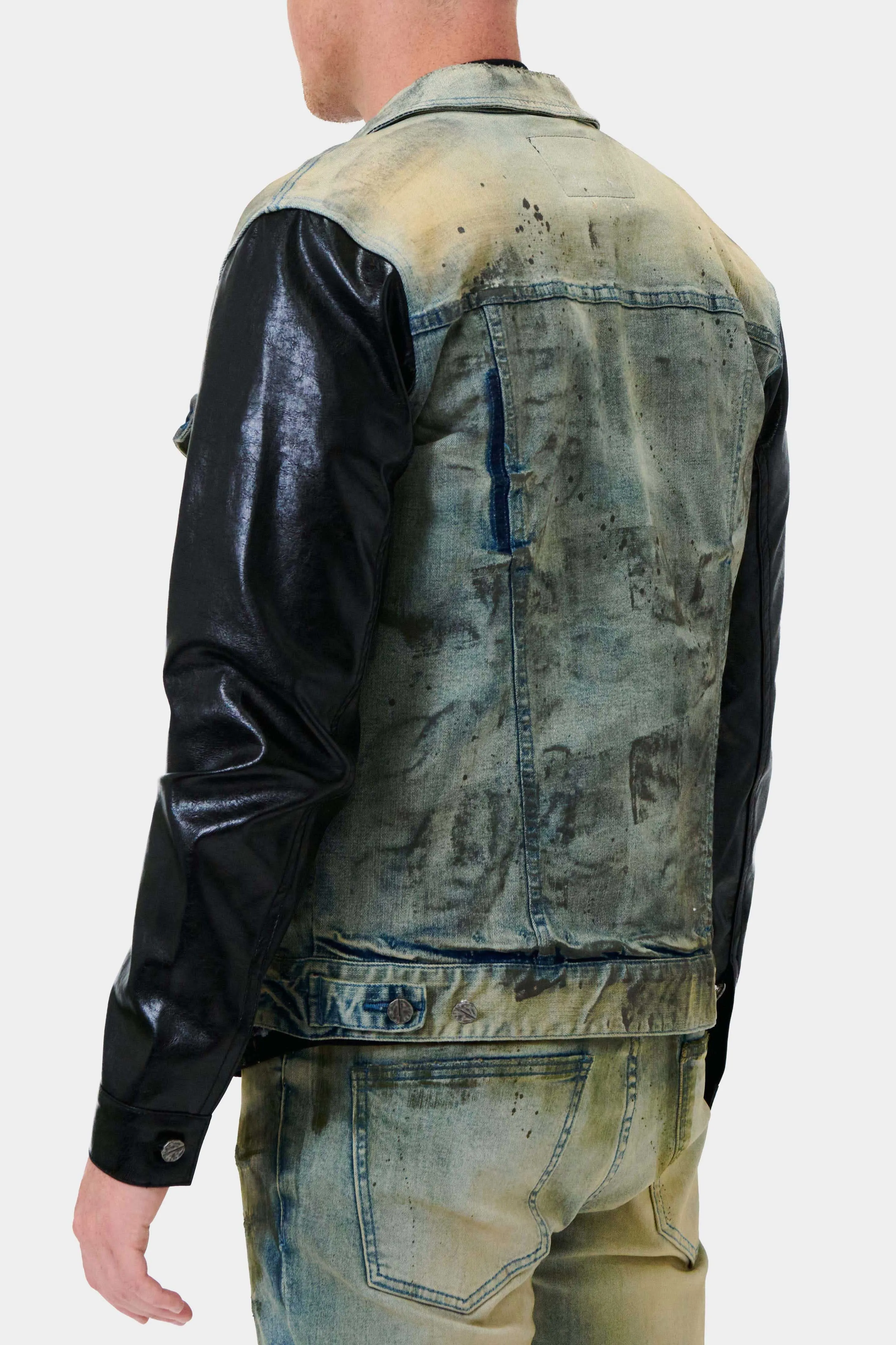 Light Sand Tint Faux Leather Sleeves Denim Jacket