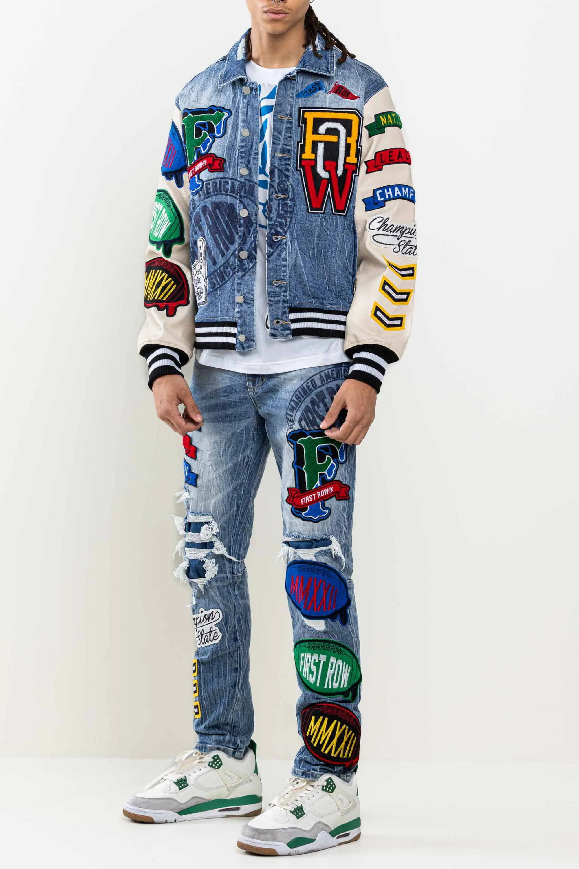 Light Stone Tint Multi Patches Varsity Denim Jacket