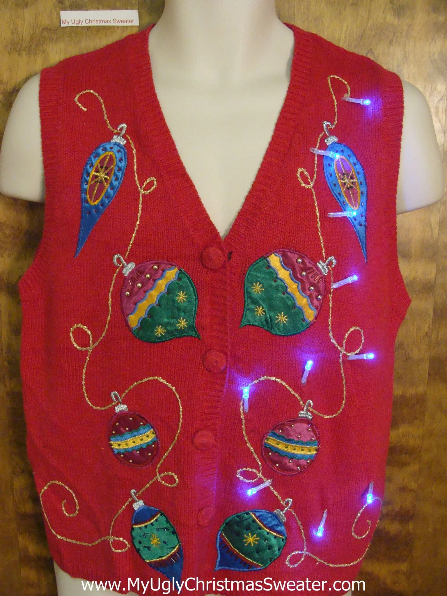 Light Up Red Ugly Xmas Sweater Vest with Colorful Ornaments