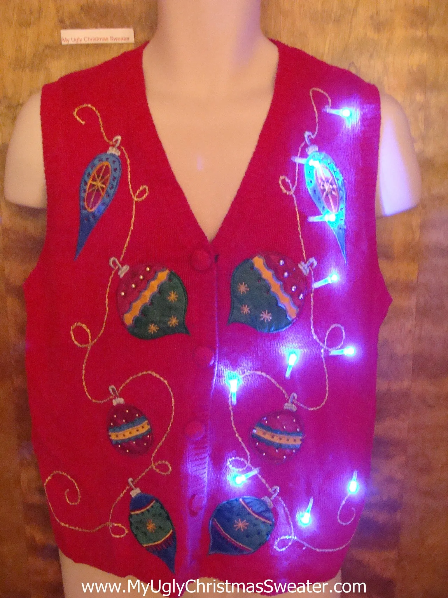 Light Up Red Ugly Xmas Sweater Vest with Colorful Ornaments