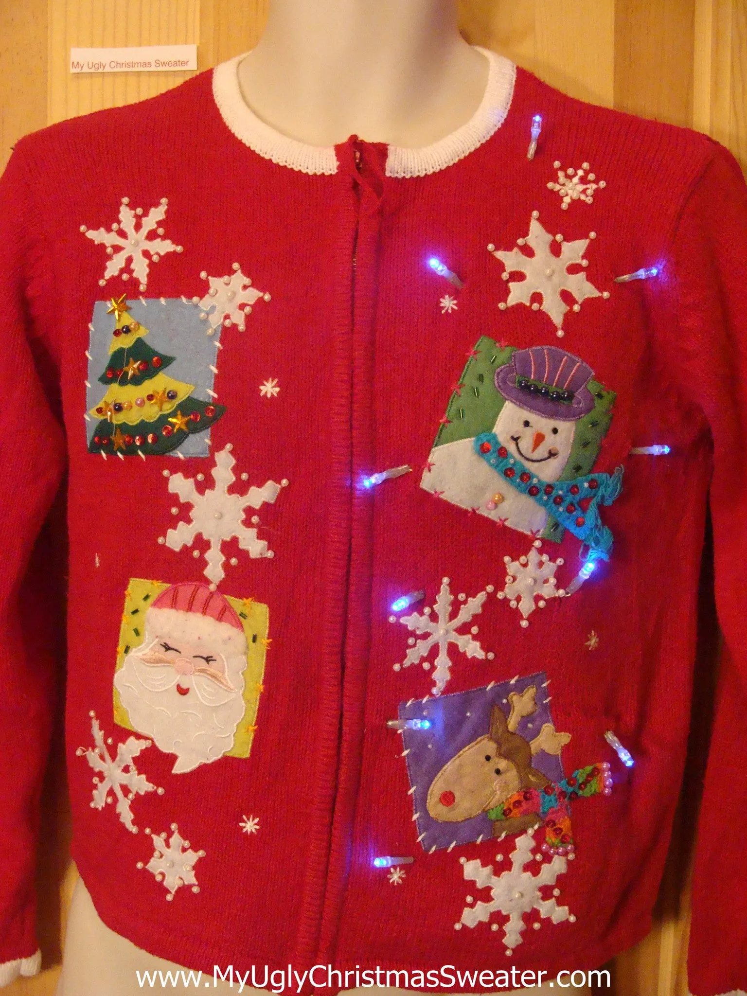 Light Up Red Ugly Xmas Sweater with Snowflakes, Santa, Reindeer, Tree