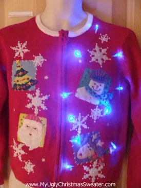 Light Up Red Ugly Xmas Sweater with Snowflakes, Santa, Reindeer, Tree