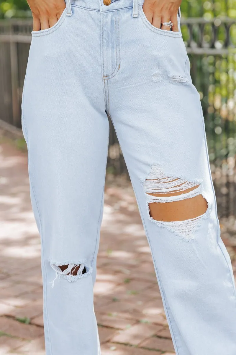 Light Wash Distressed Straight Leg Jeans - FINAL SALE