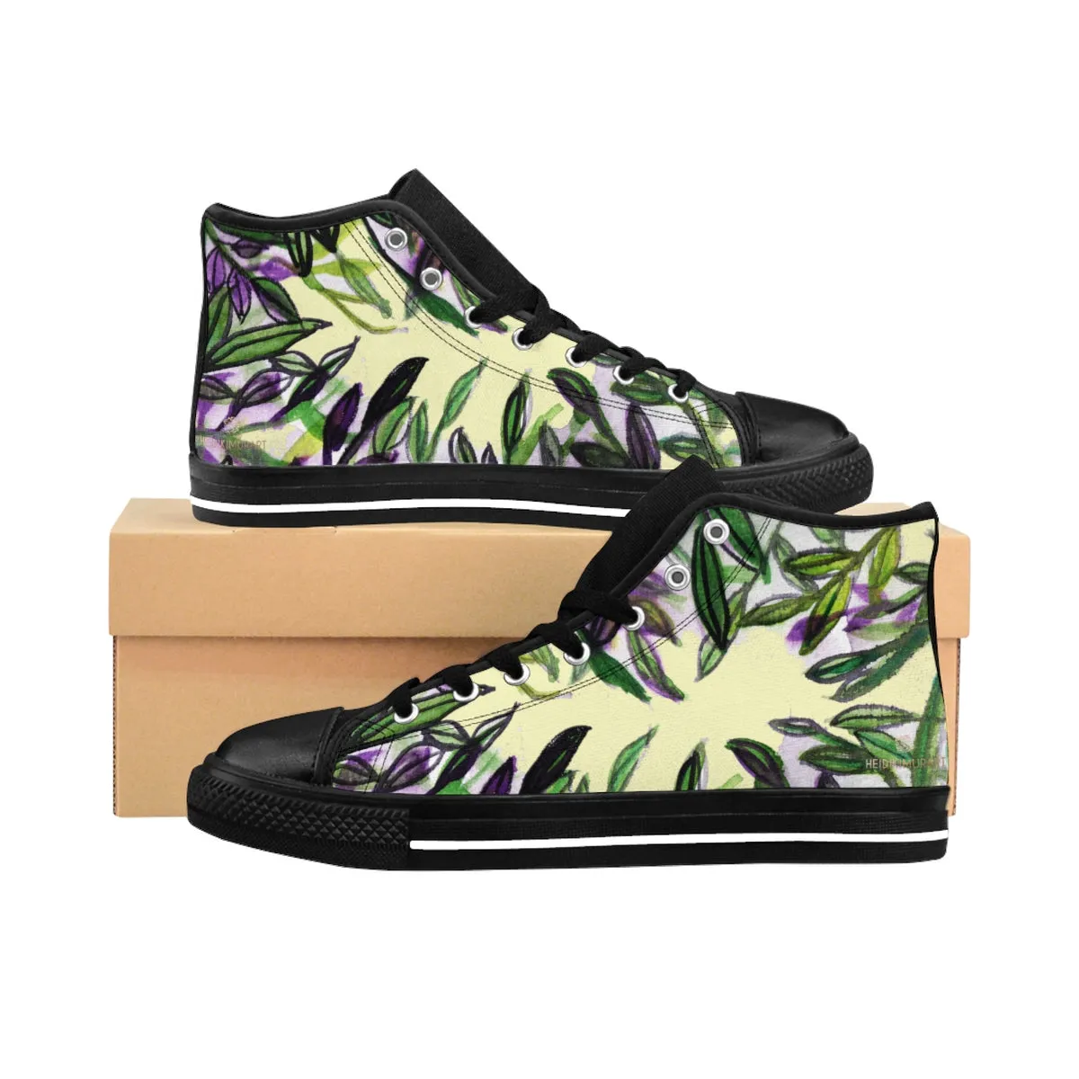 Light Yellow Tropical Men's Sneakers, Green Tropical Leaf Print High-top Sneakers Tennis Shoes