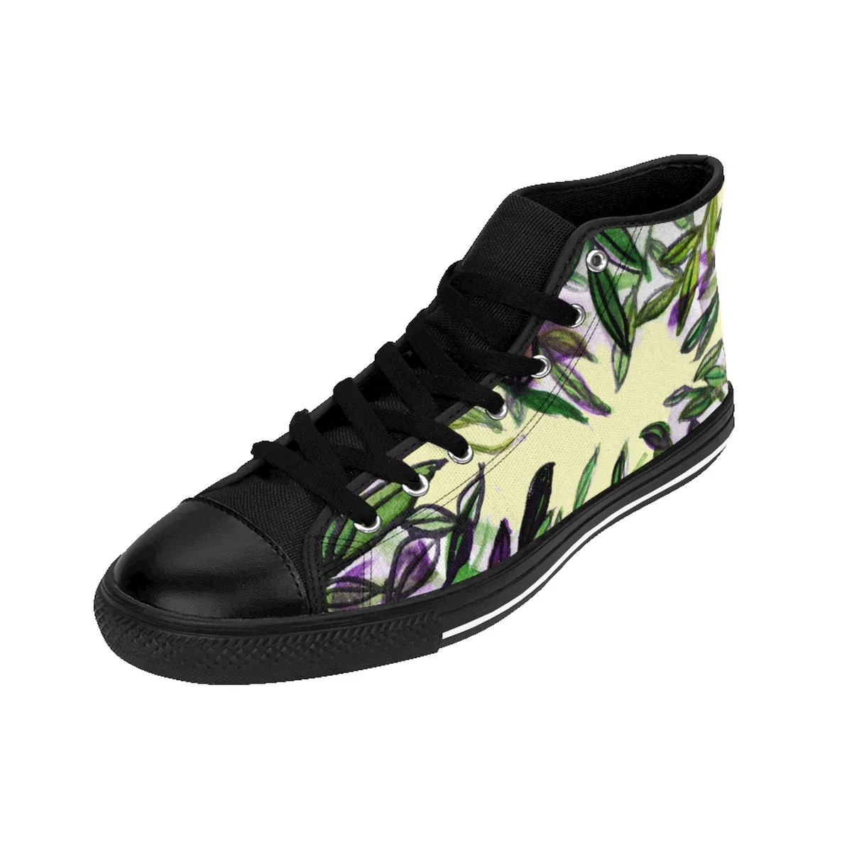 Light Yellow Tropical Men's Sneakers, Green Tropical Leaf Print High-top Sneakers Tennis Shoes