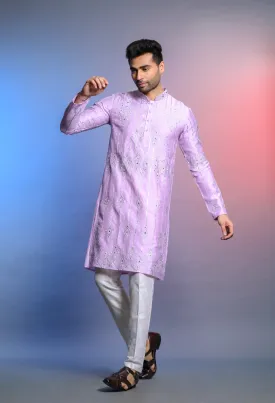 Lilac Pure Silk Kurta Set WIth Resham Work