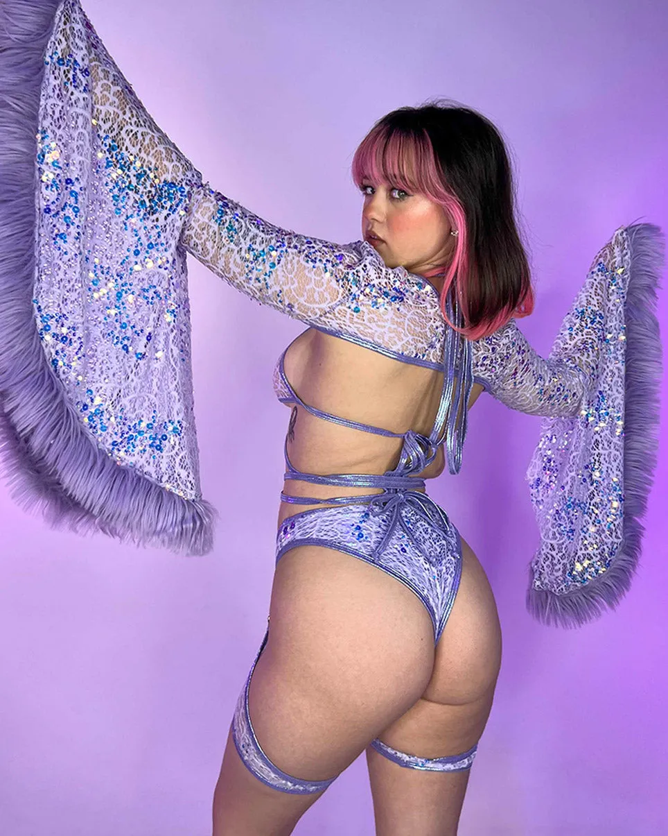 Lilac Sequin Fur-Trimmed Shrug