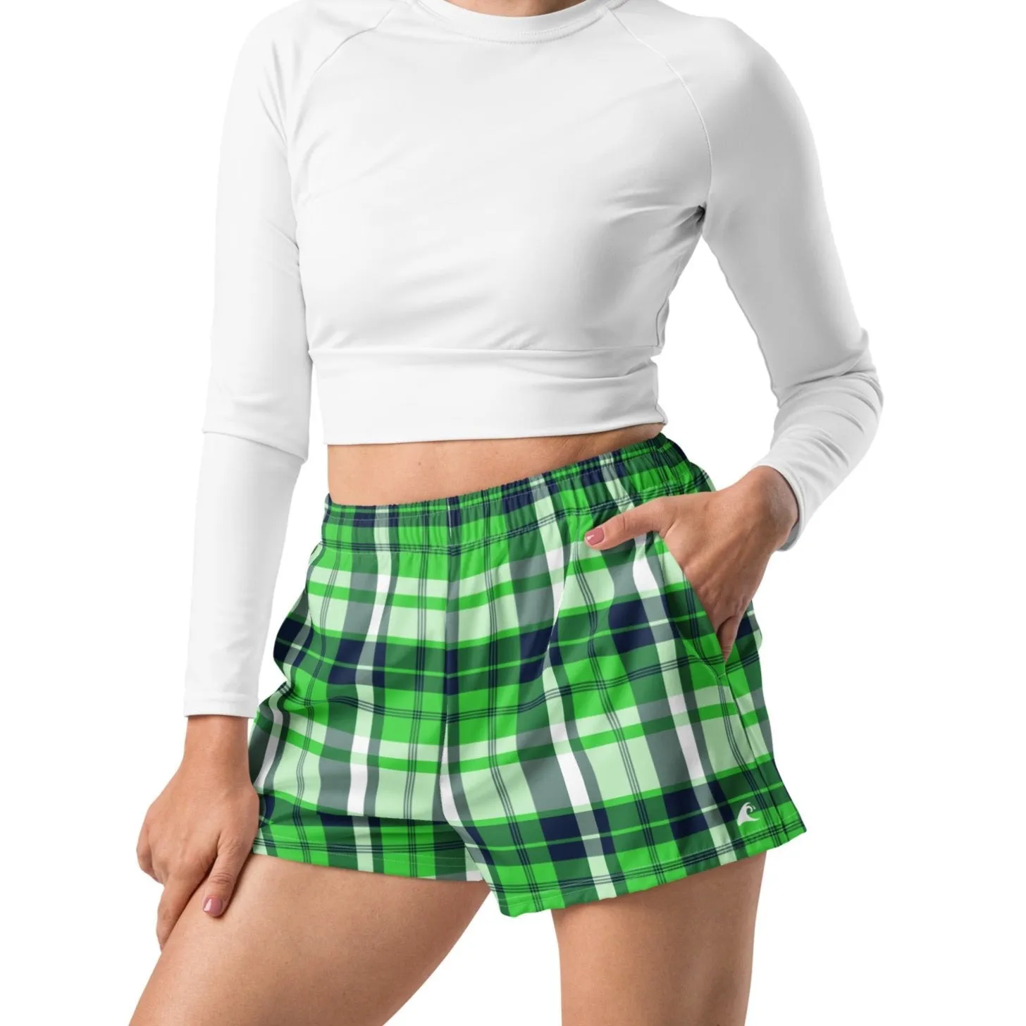 Lime and Navy Blue Preppy Plaid Women's Athletic Swim Shorts