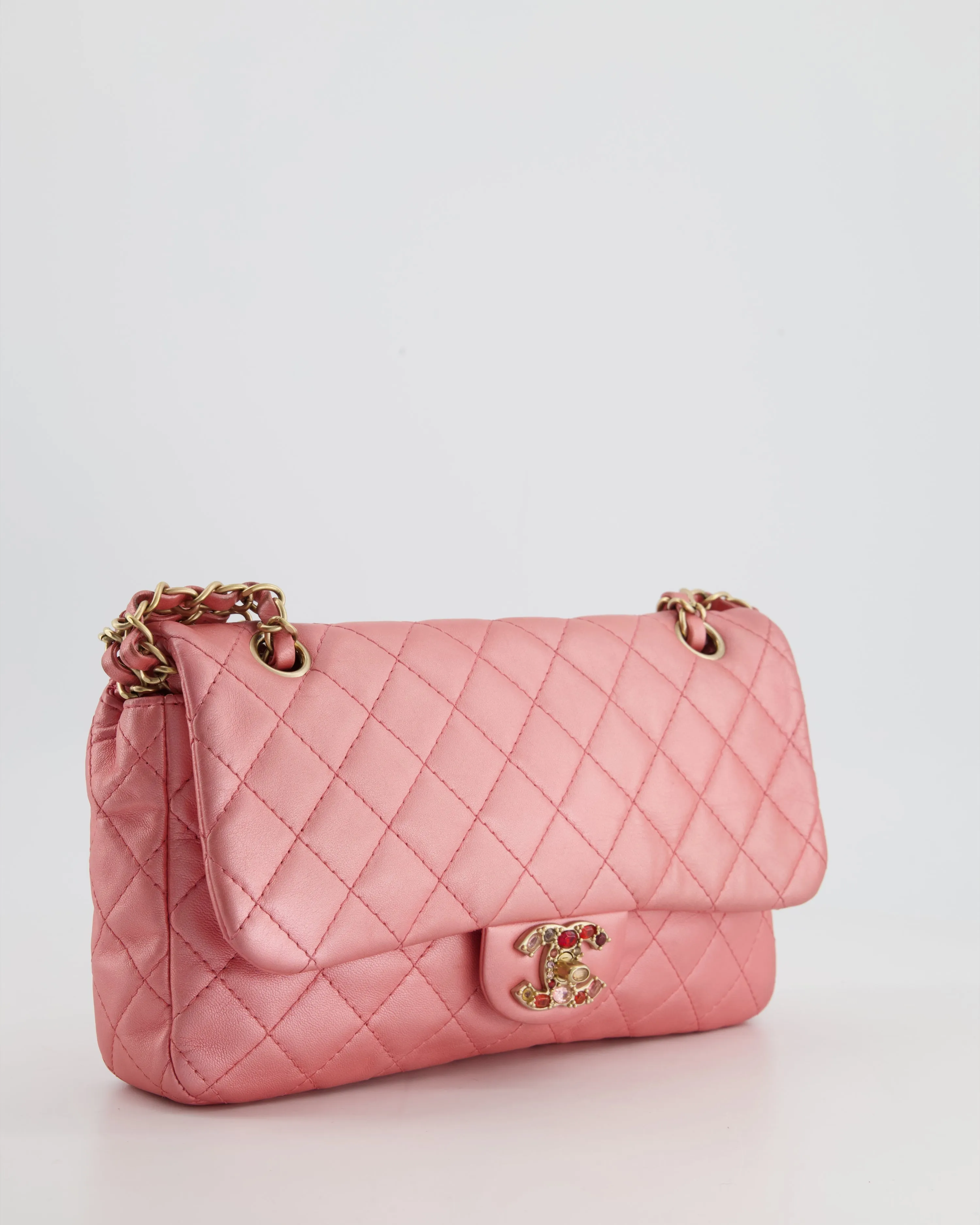 *LIMITED EDITION* Chanel Pink Metallic Single Flap Shoulder Bag in Lambskin Leather with Gold and Precious Stone Hardware