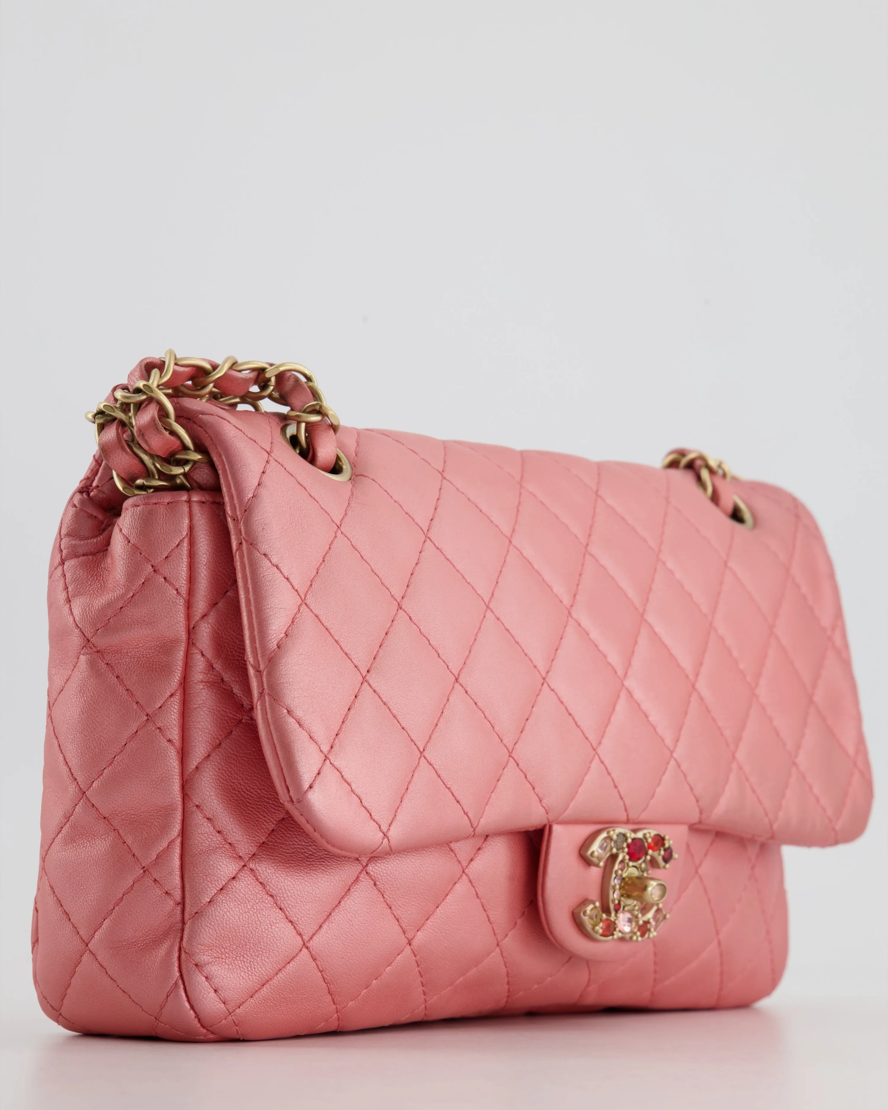 *LIMITED EDITION* Chanel Pink Metallic Single Flap Shoulder Bag in Lambskin Leather with Gold and Precious Stone Hardware