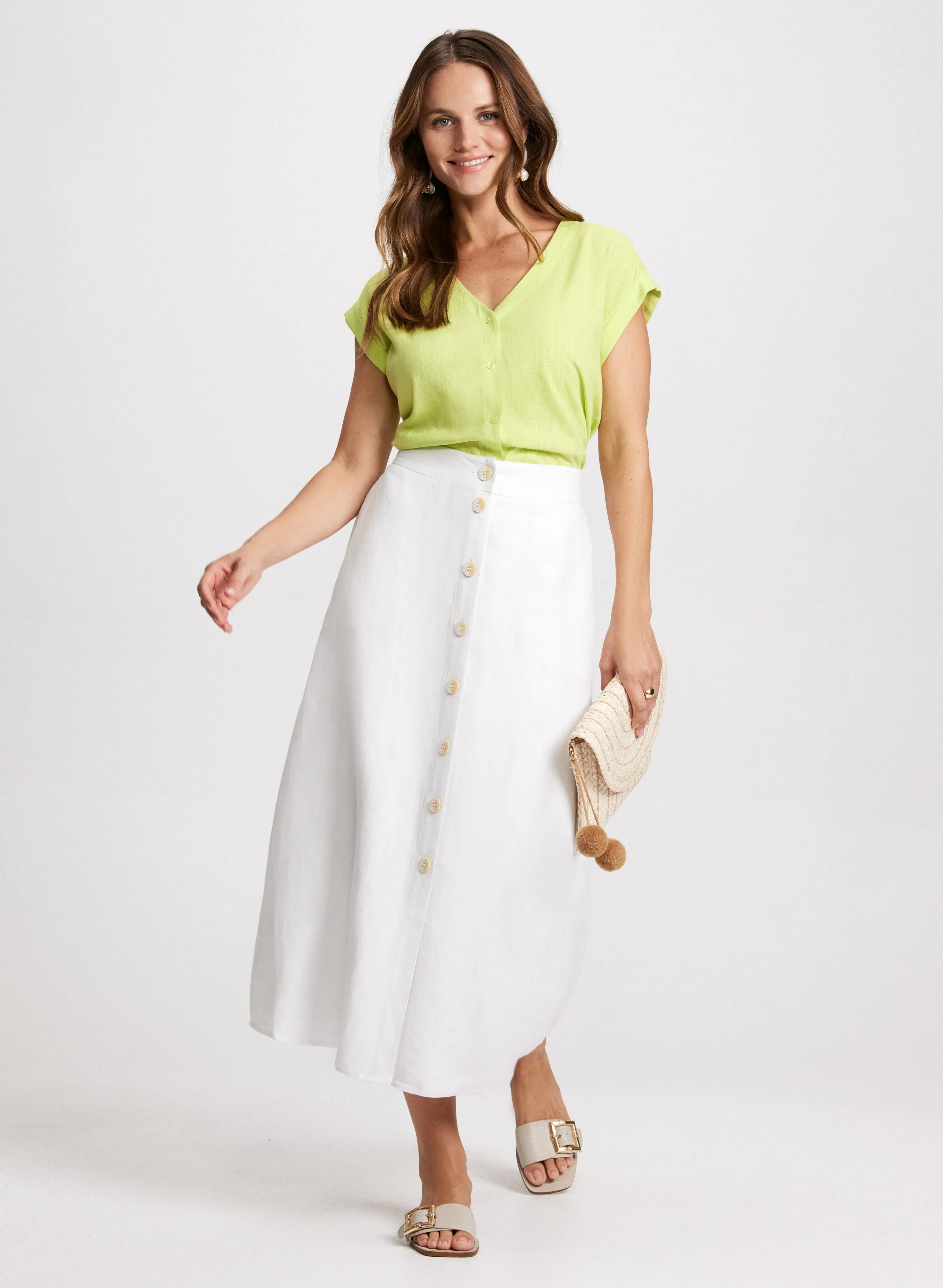 Linen-Blend Button Down Skirt