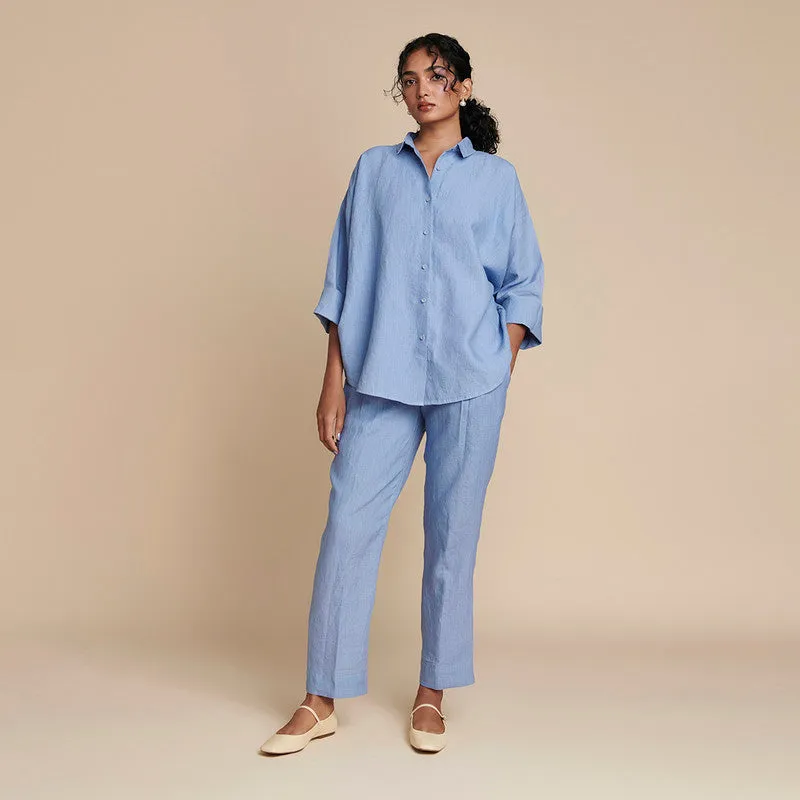 Linen Blue Co Ord Set | Oversized | Flared Shirt