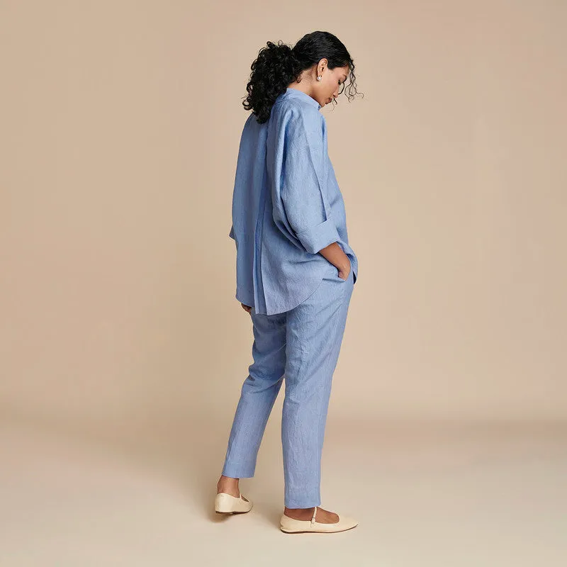 Linen Blue Co Ord Set | Oversized | Flared Shirt