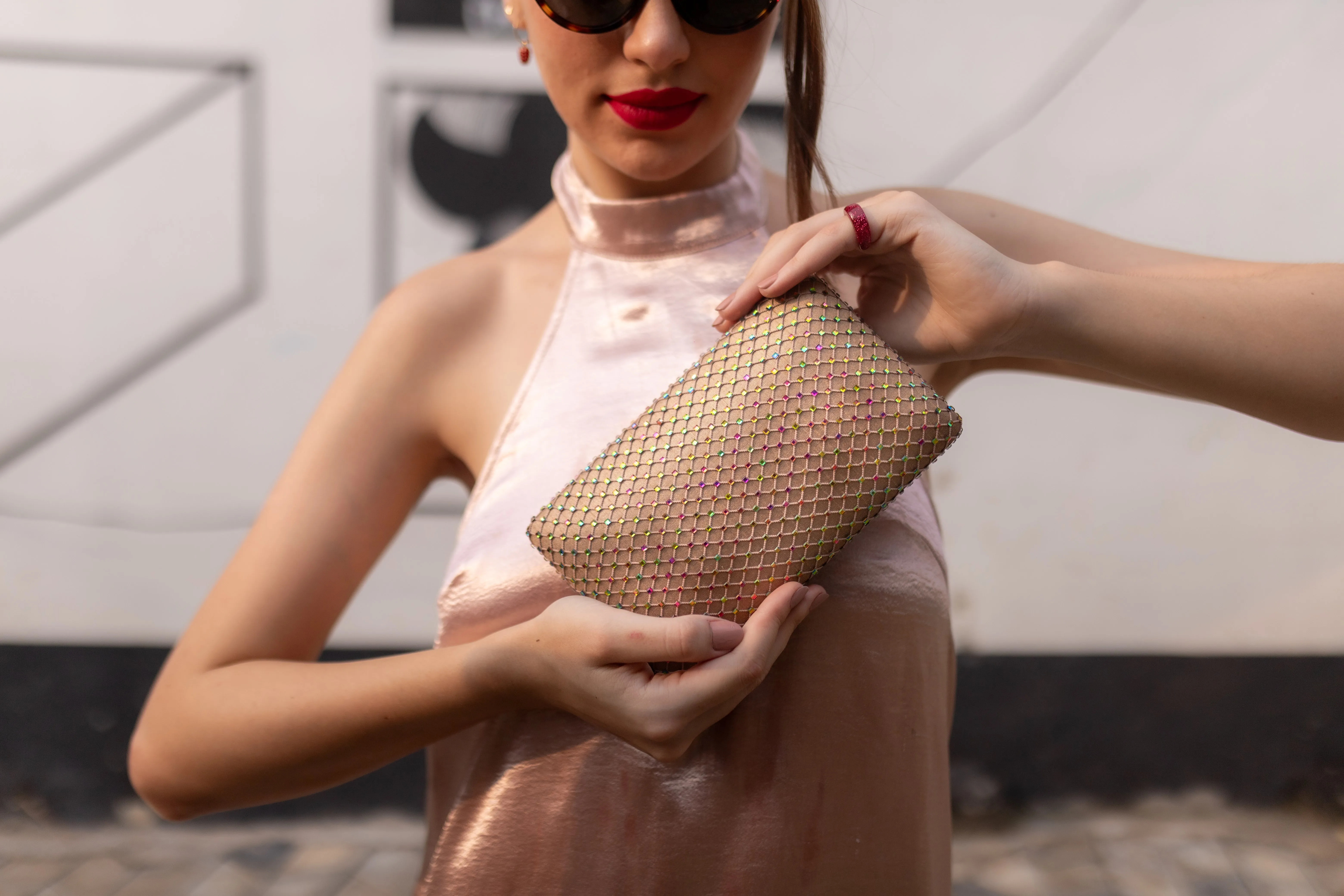 Linen Fishnet Crystal Clutch