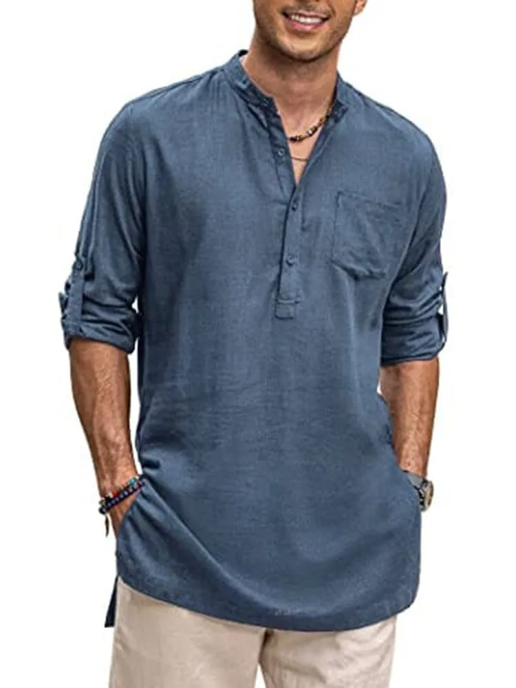 Linen Henley Long Sleeve Shirts with Pocket (US Only)