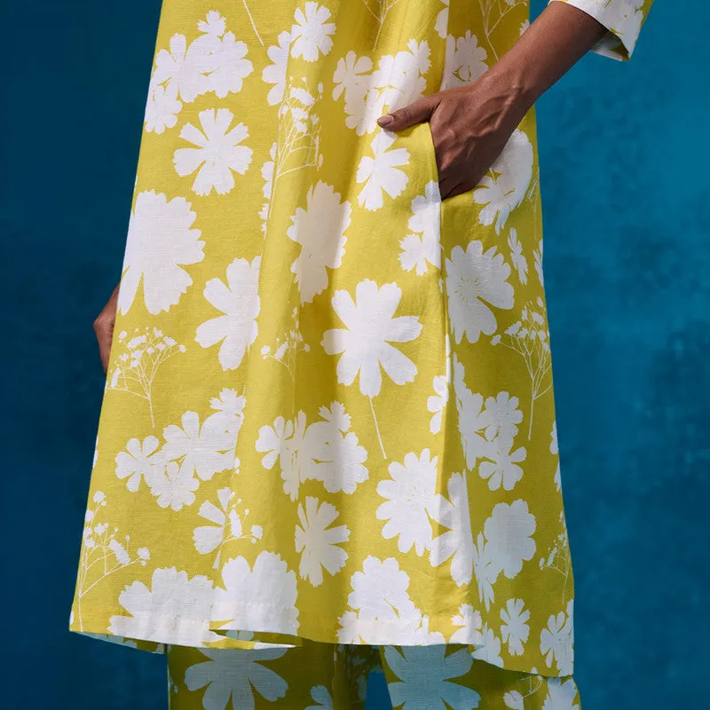 Linen Kurta Set For Women | Floral Printed | Yellow