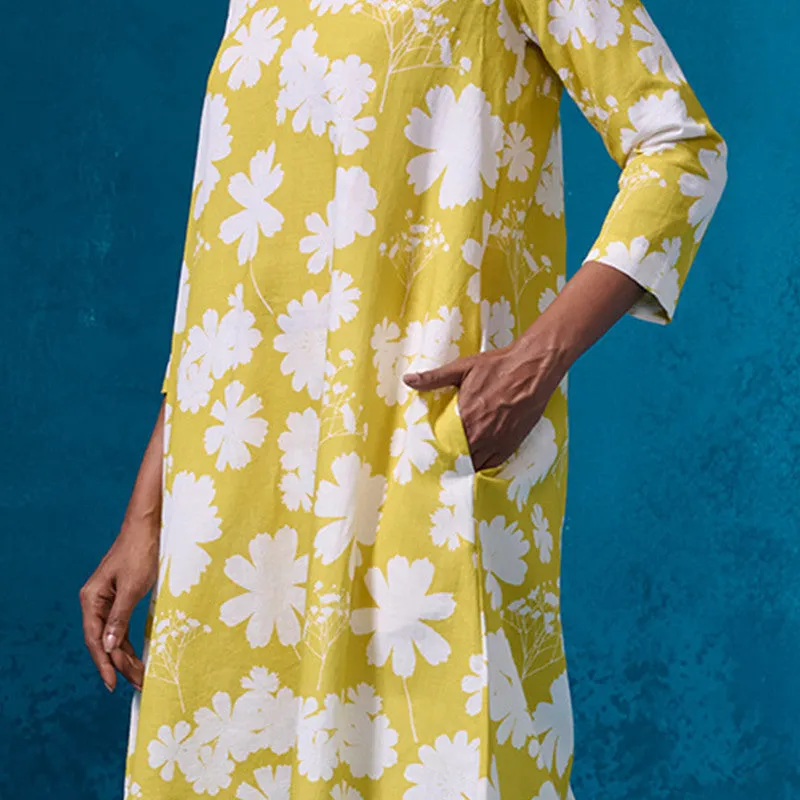 Linen Kurta Set For Women | Floral Printed | Yellow