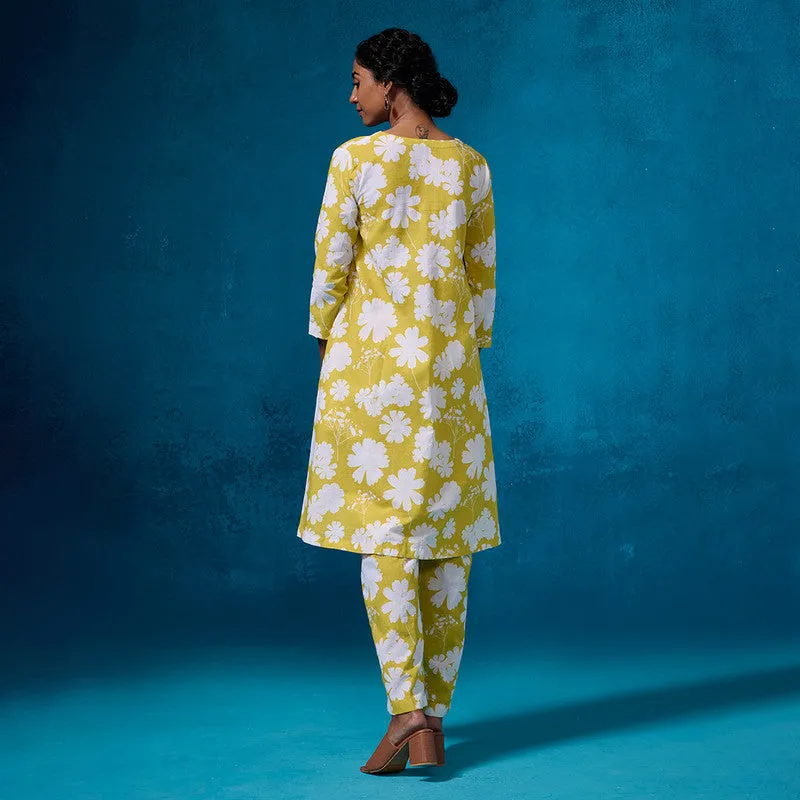 Linen Kurta Set For Women | Floral Printed | Yellow