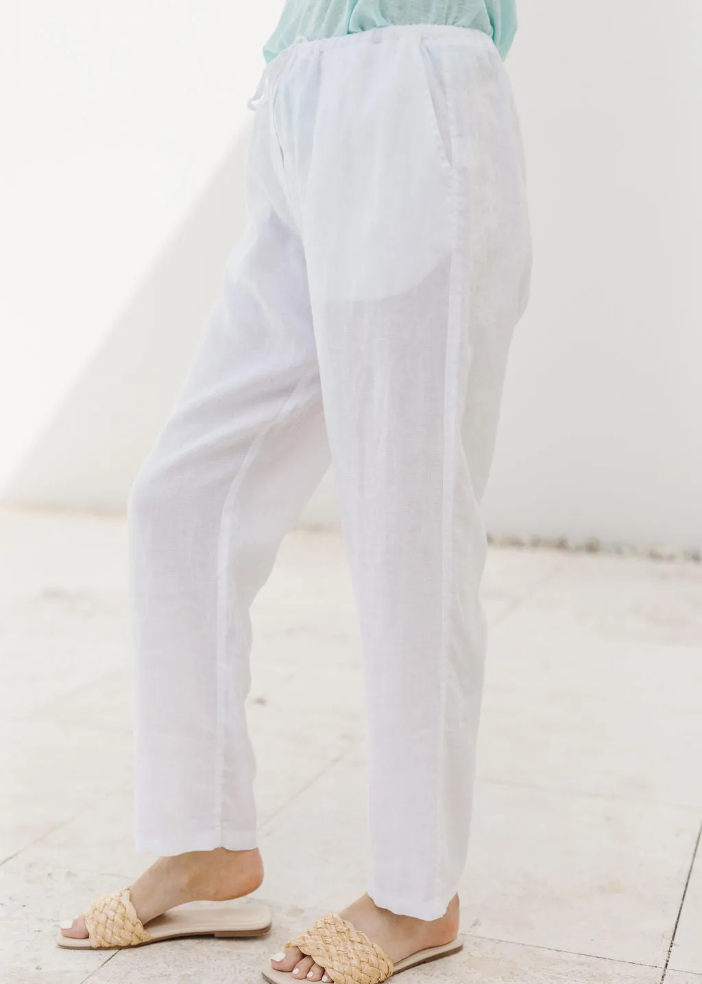 Linen Straight Leg Drawcord Pant White