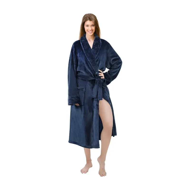 Linenova Fleece Flannel Shawl Collar with Pocket Bathrobe