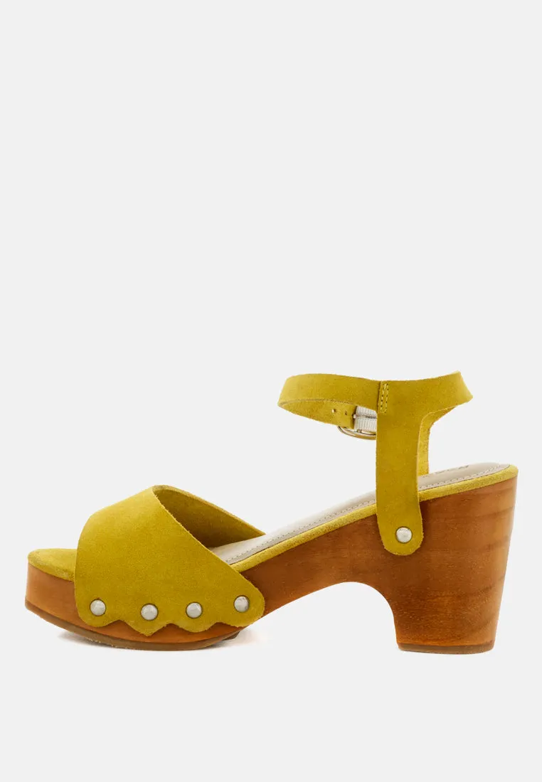 Liona Mustard Studded Suede Clogs Sandals