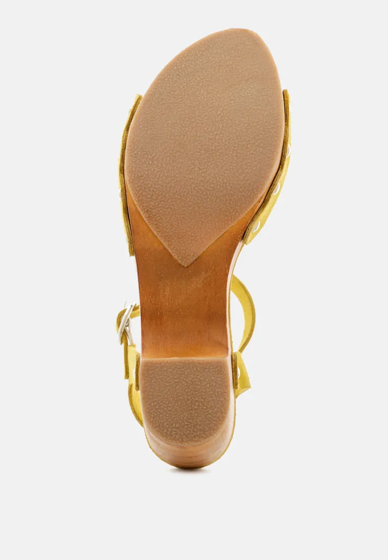 Liona Mustard Studded Suede Clogs Sandals