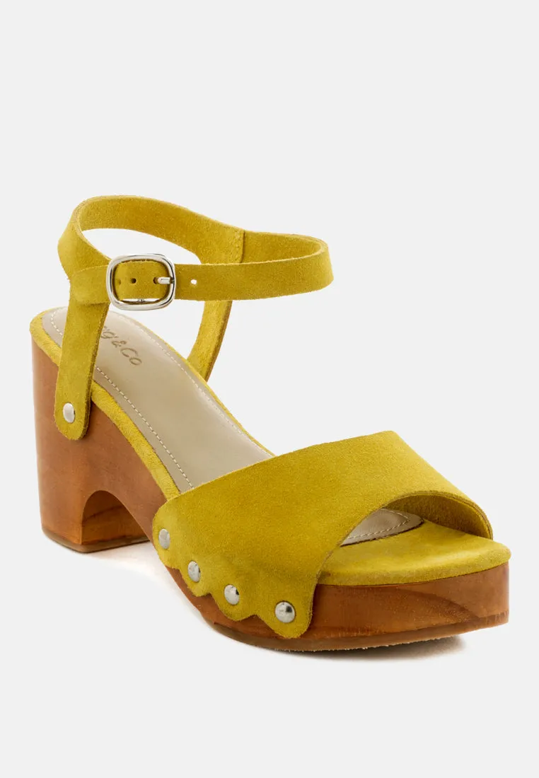 Liona Mustard Studded Suede Clogs Sandals