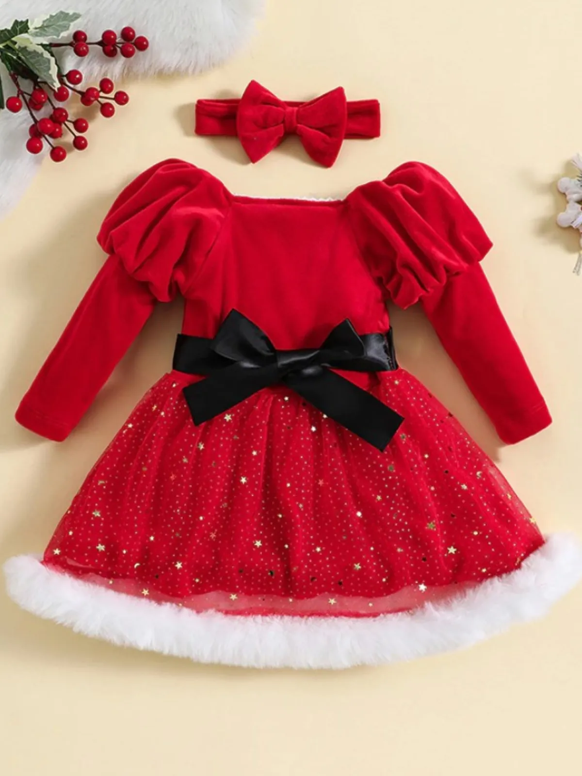 Little Miss Claus Puff Sleeve Red Christmas Dress