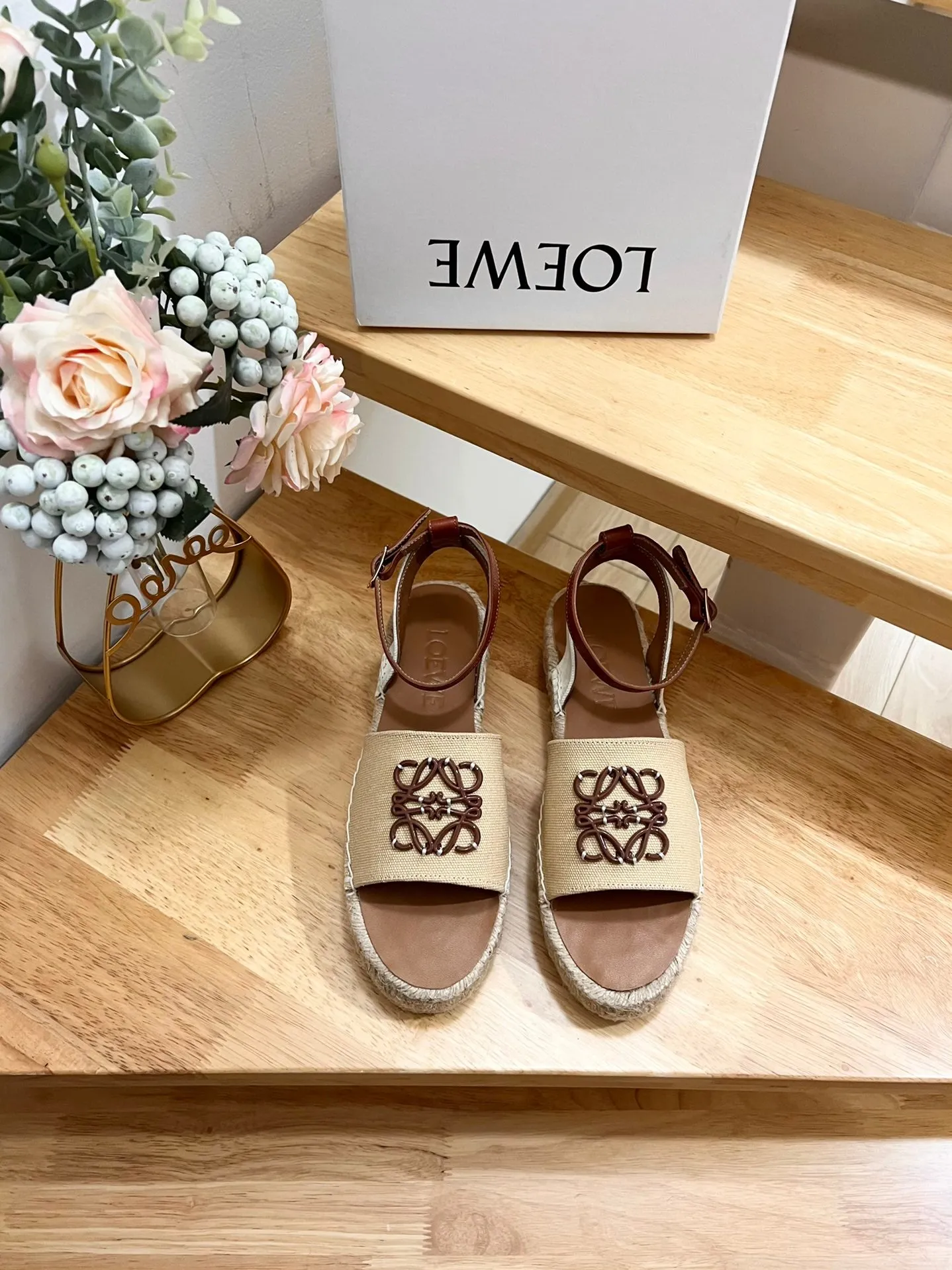 Loew Anagram Beige Brown Leather And Canvas Espadrille Sandals