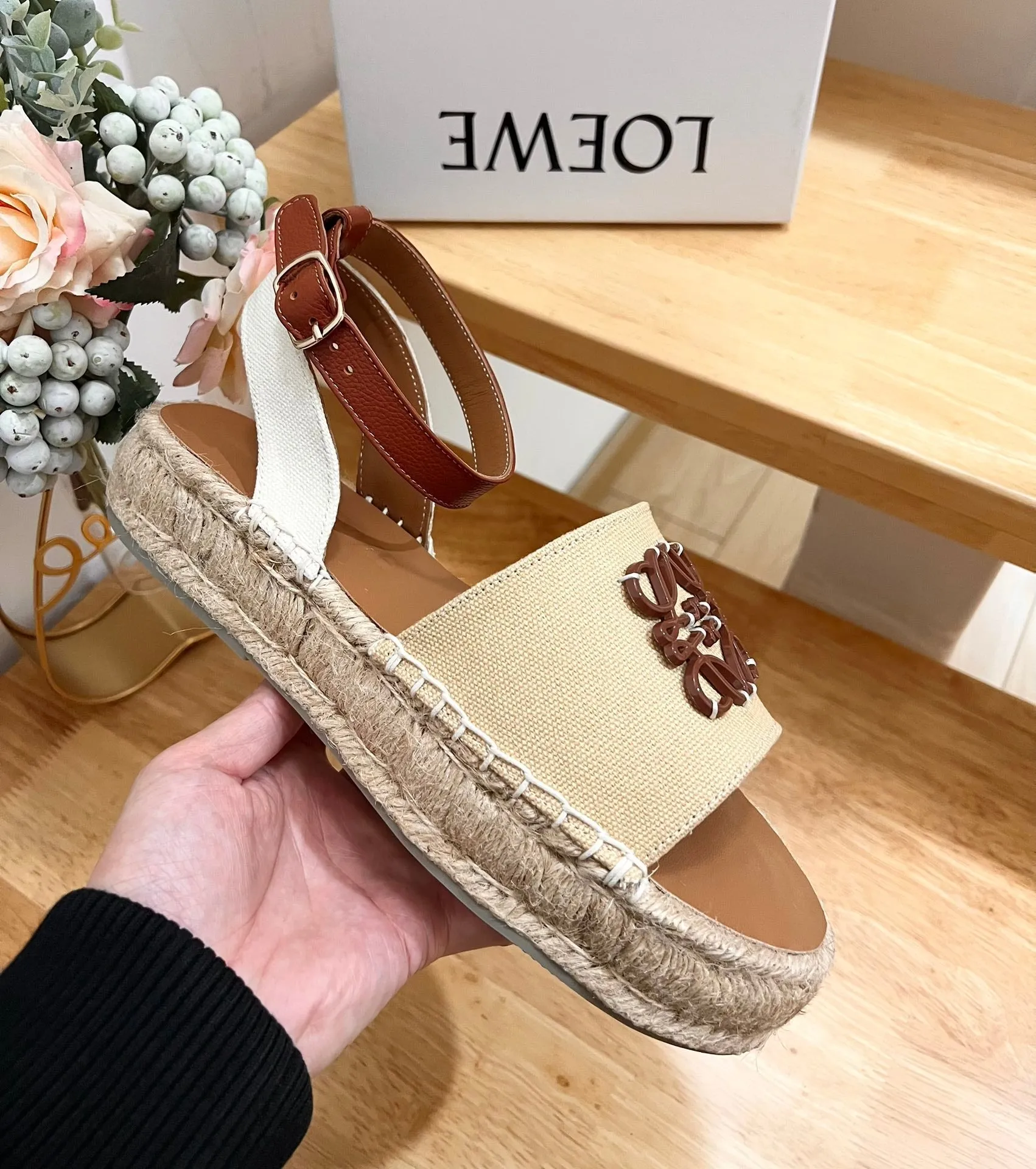 Loew Anagram Beige Brown Leather And Canvas Espadrille Sandals