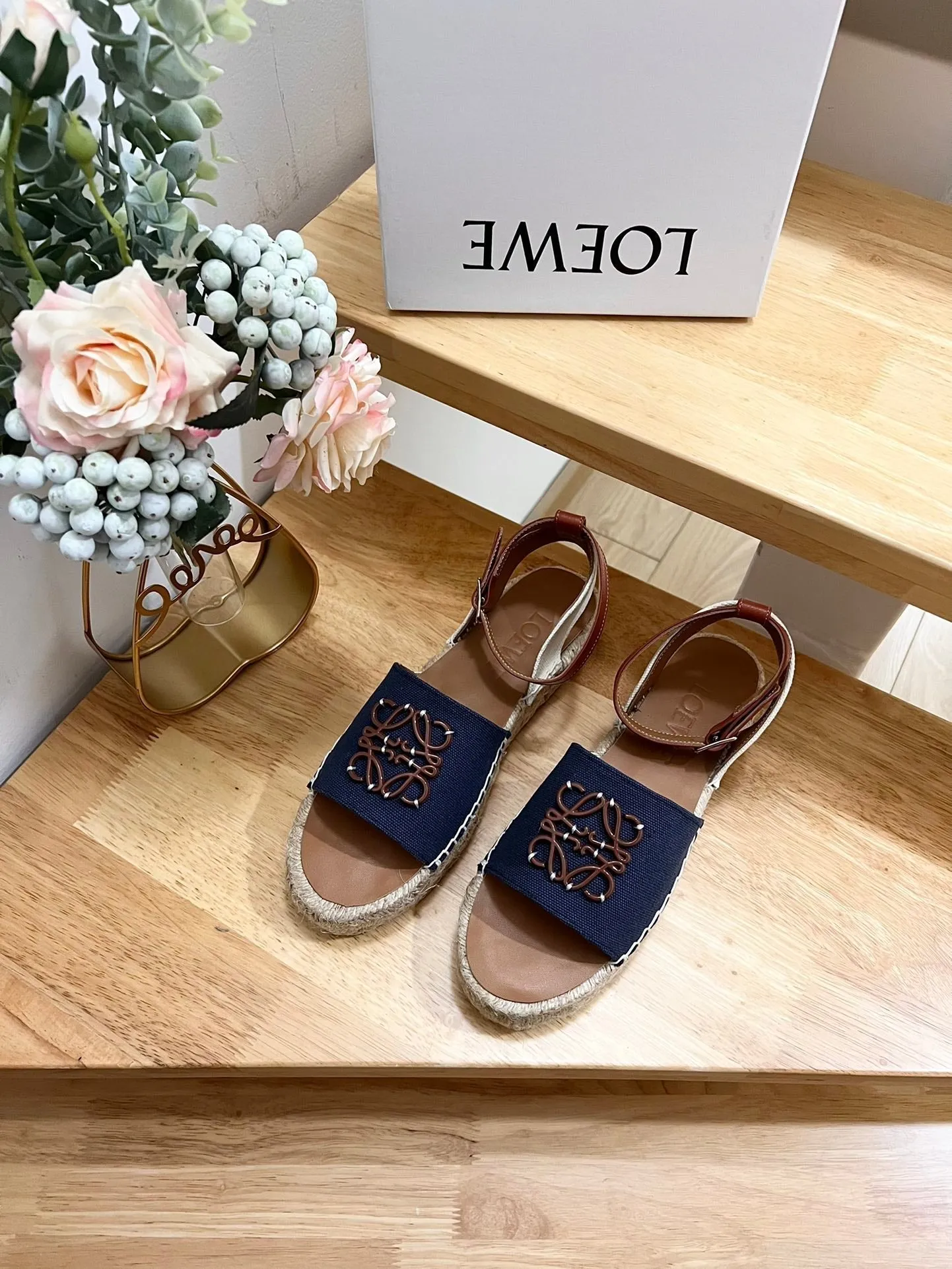 Loew Anagram Denim Brown Leather And Canvas Espadrille Sandals