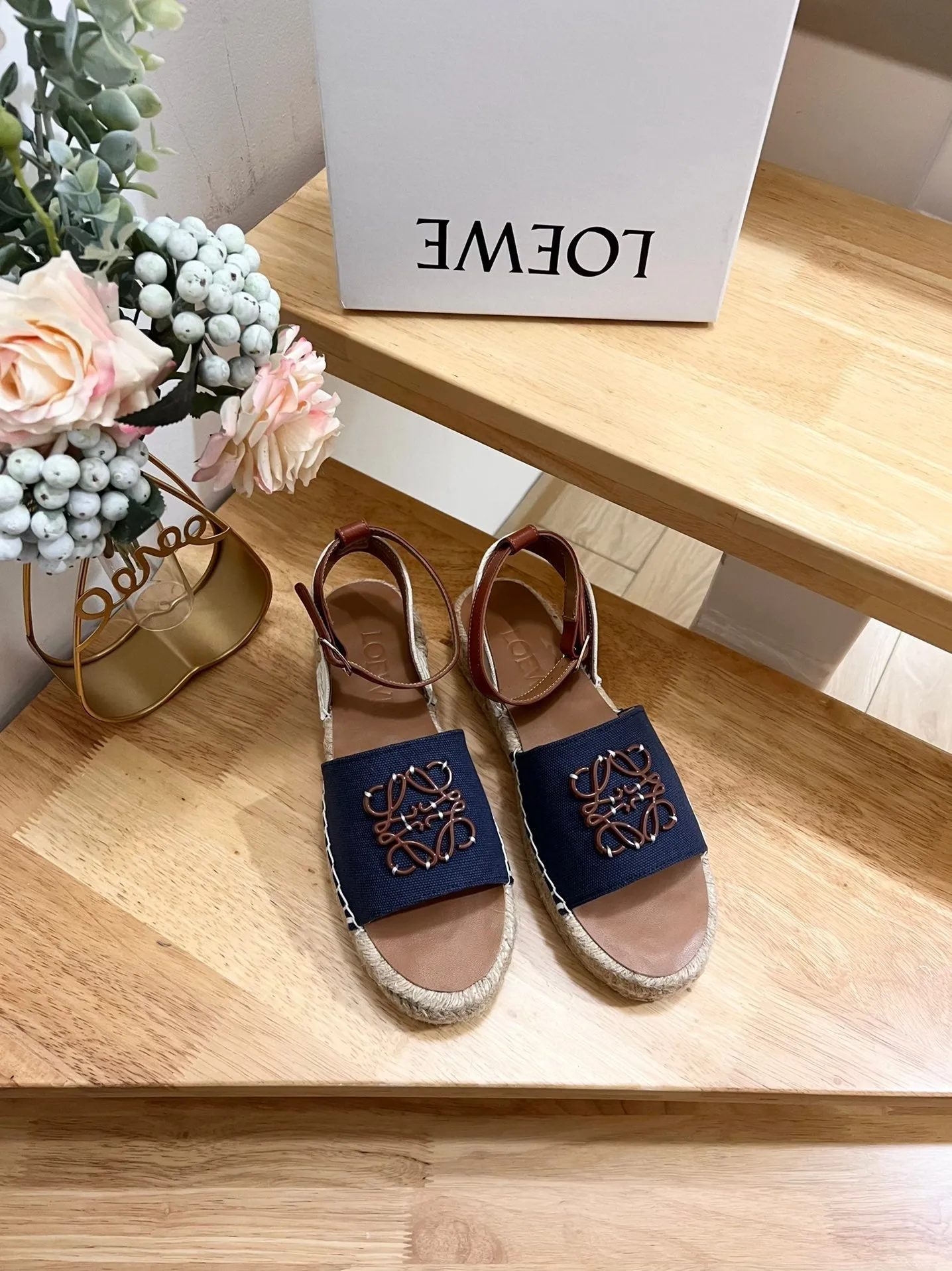 Loew Anagram Denim Brown Leather And Canvas Espadrille Sandals