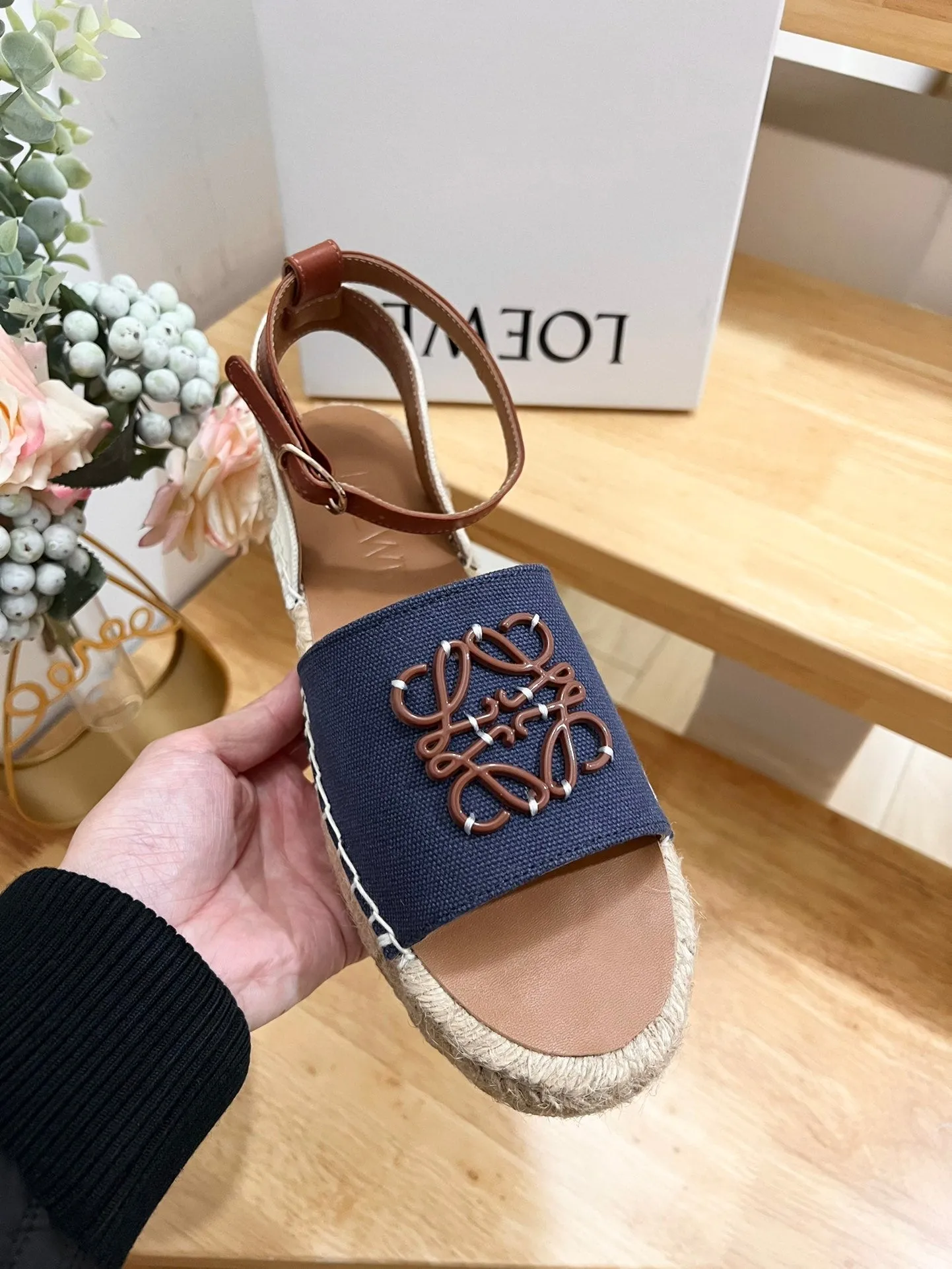 Loew Anagram Denim Brown Leather And Canvas Espadrille Sandals