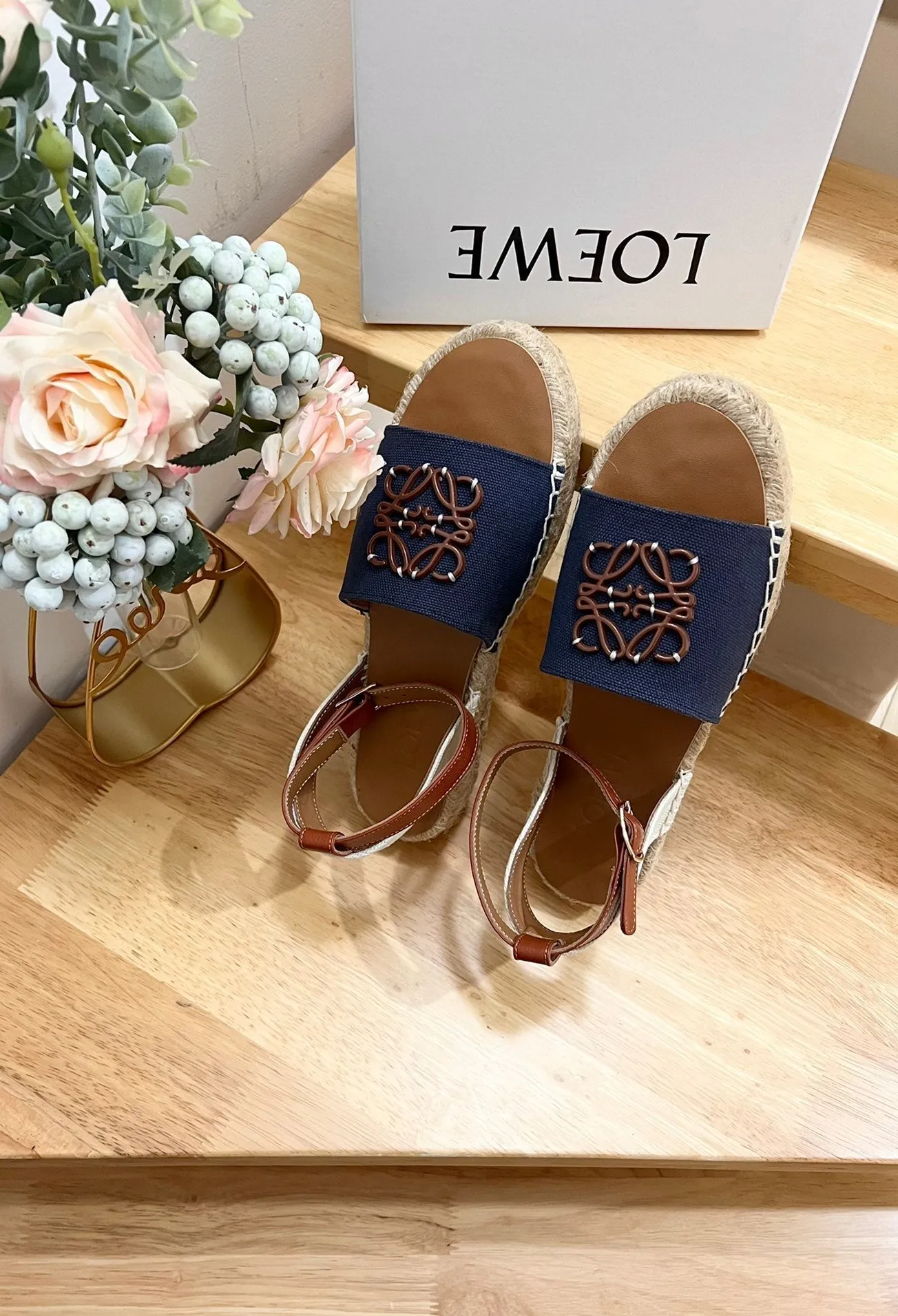 Loew Anagram Denim Brown Leather And Canvas Espadrille Sandals