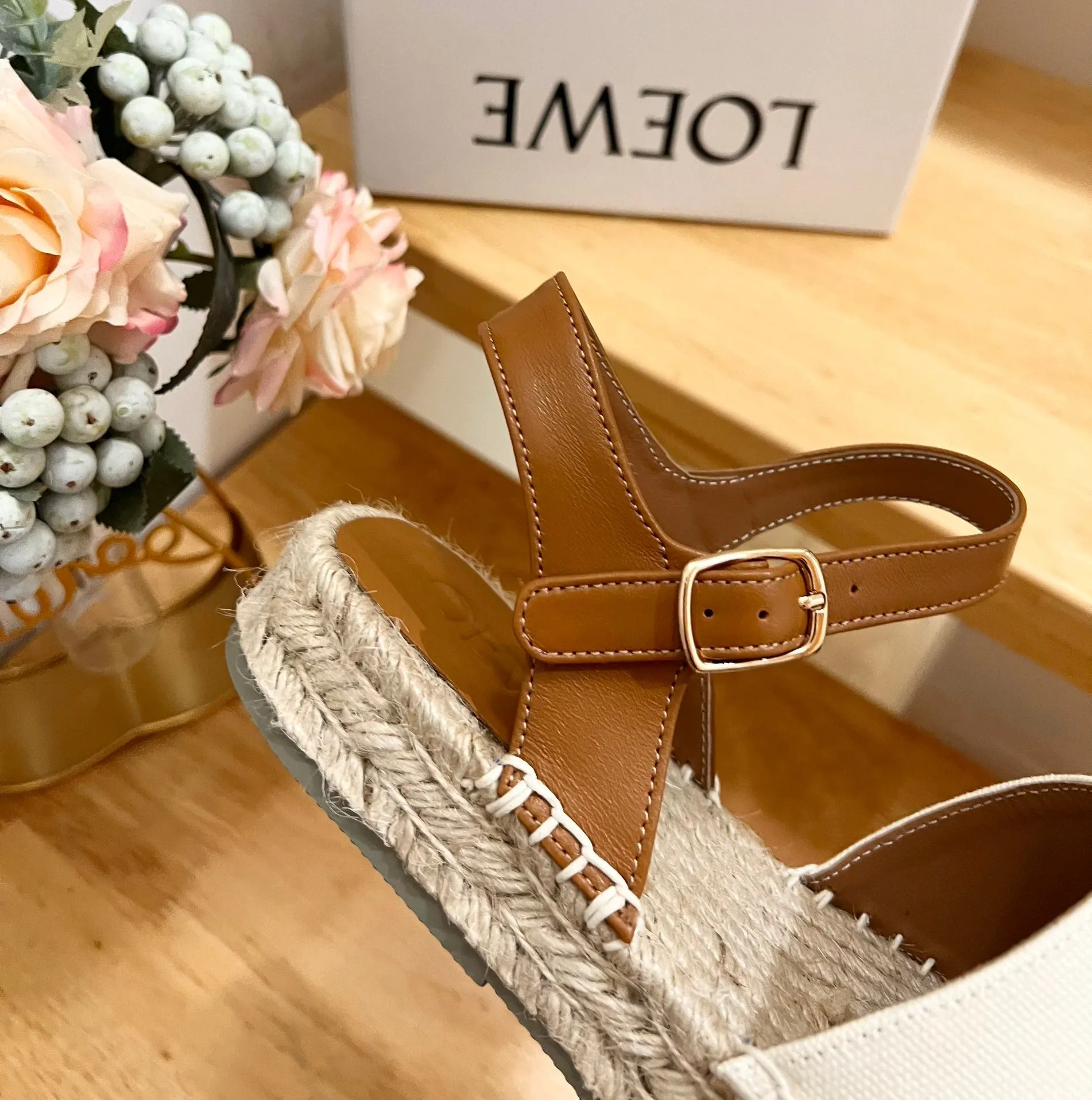 Loew Anagram Yellow logo White Brown Leather And Canvas Espadrille Sandals