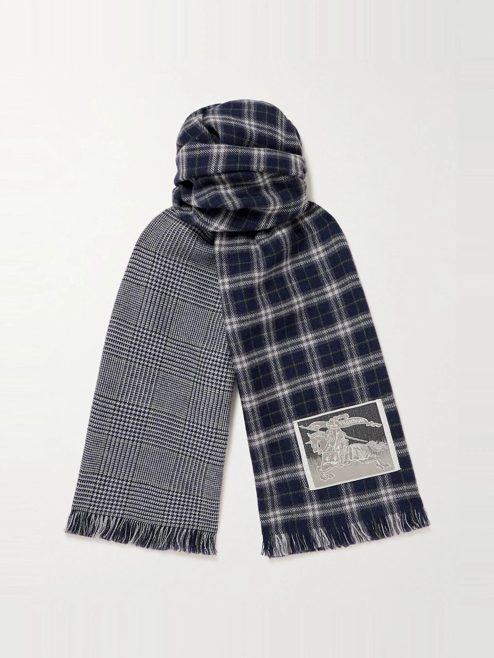 Logo-appliquéd fringed checked wool-blend scarf