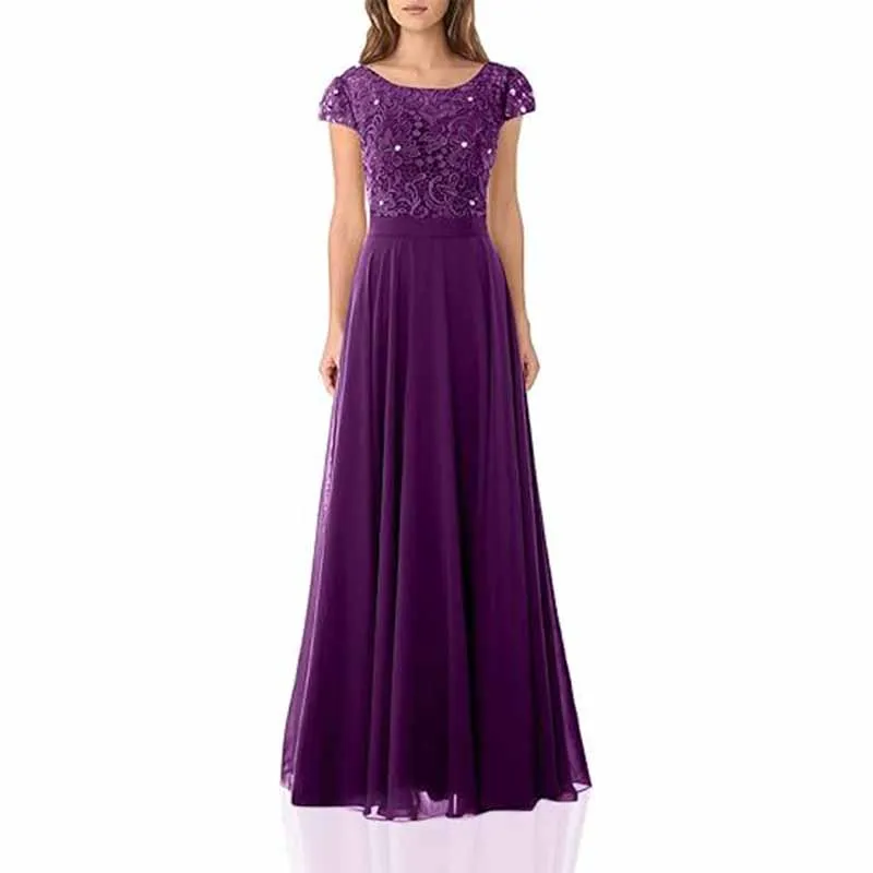 Long lace bridesmaid dresses with cap sleeves lace top wedding guest dress event dress