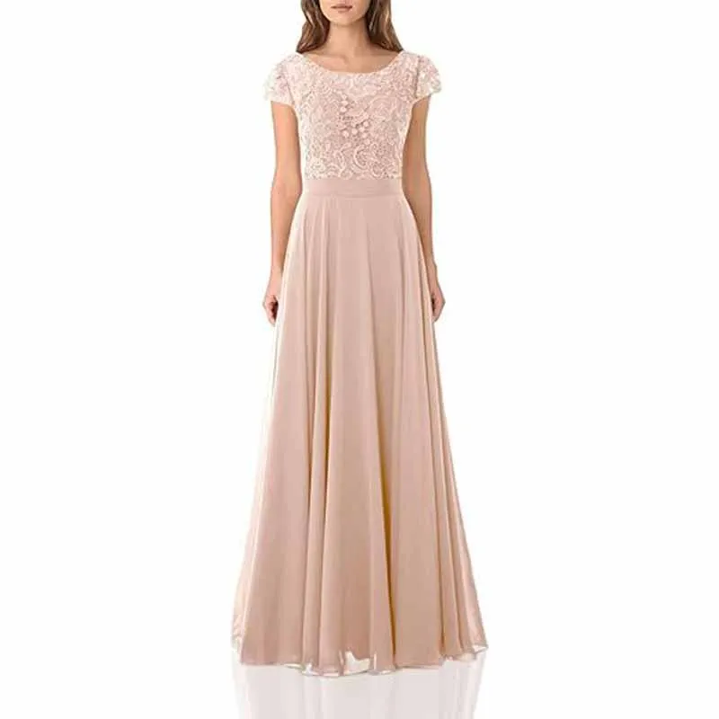 Long lace bridesmaid dresses with cap sleeves lace top wedding guest dress event dress