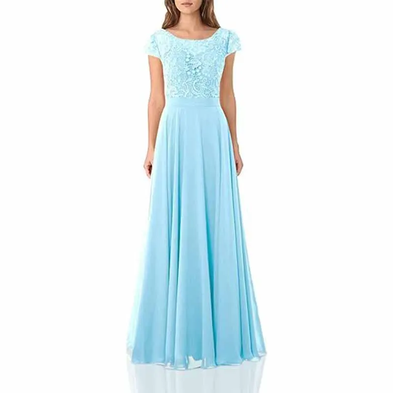 Long lace bridesmaid dresses with cap sleeves lace top wedding guest dress event dress