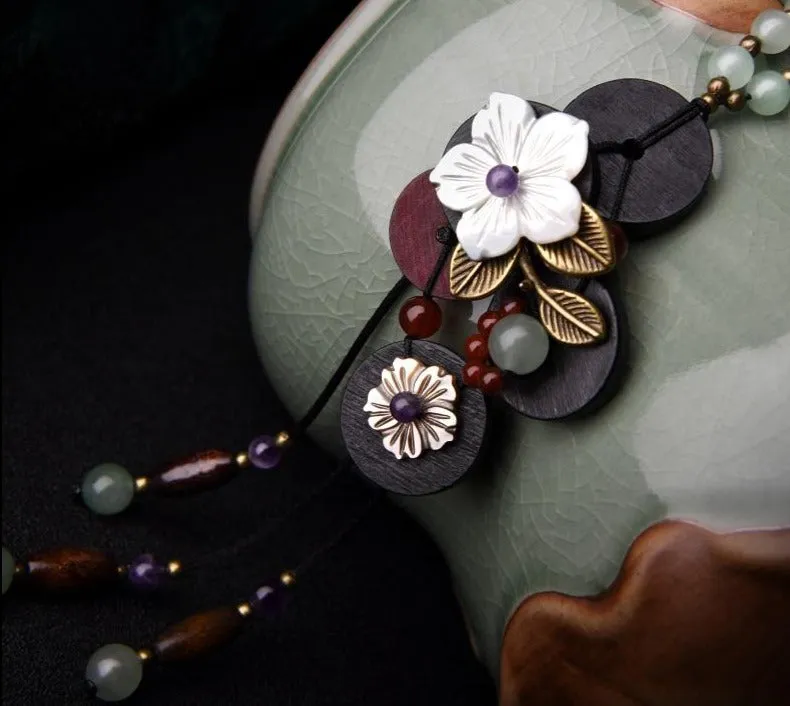 Long pendants wooden necklace shell flowers, purple crystal  ethnic exotic Necklace