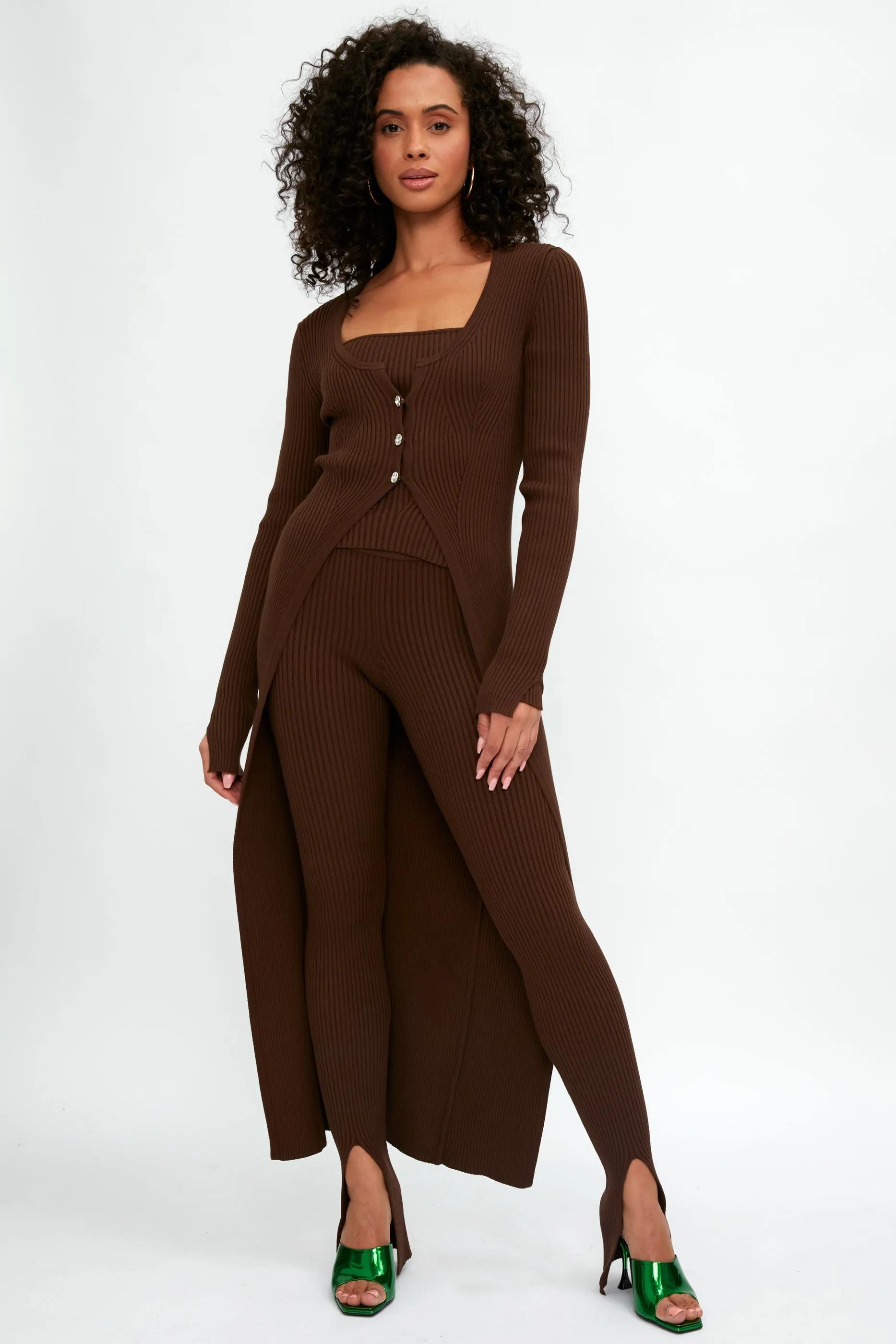 Long Ribbed Cardigan in Chocolate