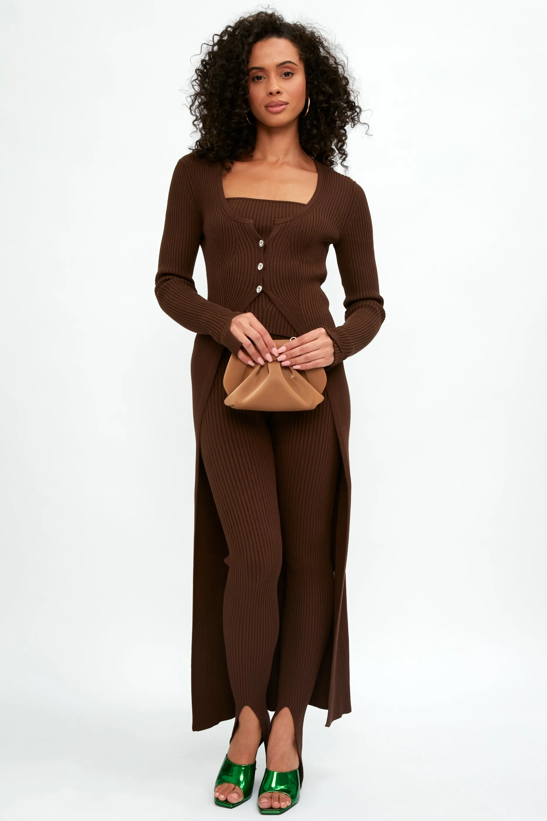 Long Ribbed Cardigan in Chocolate