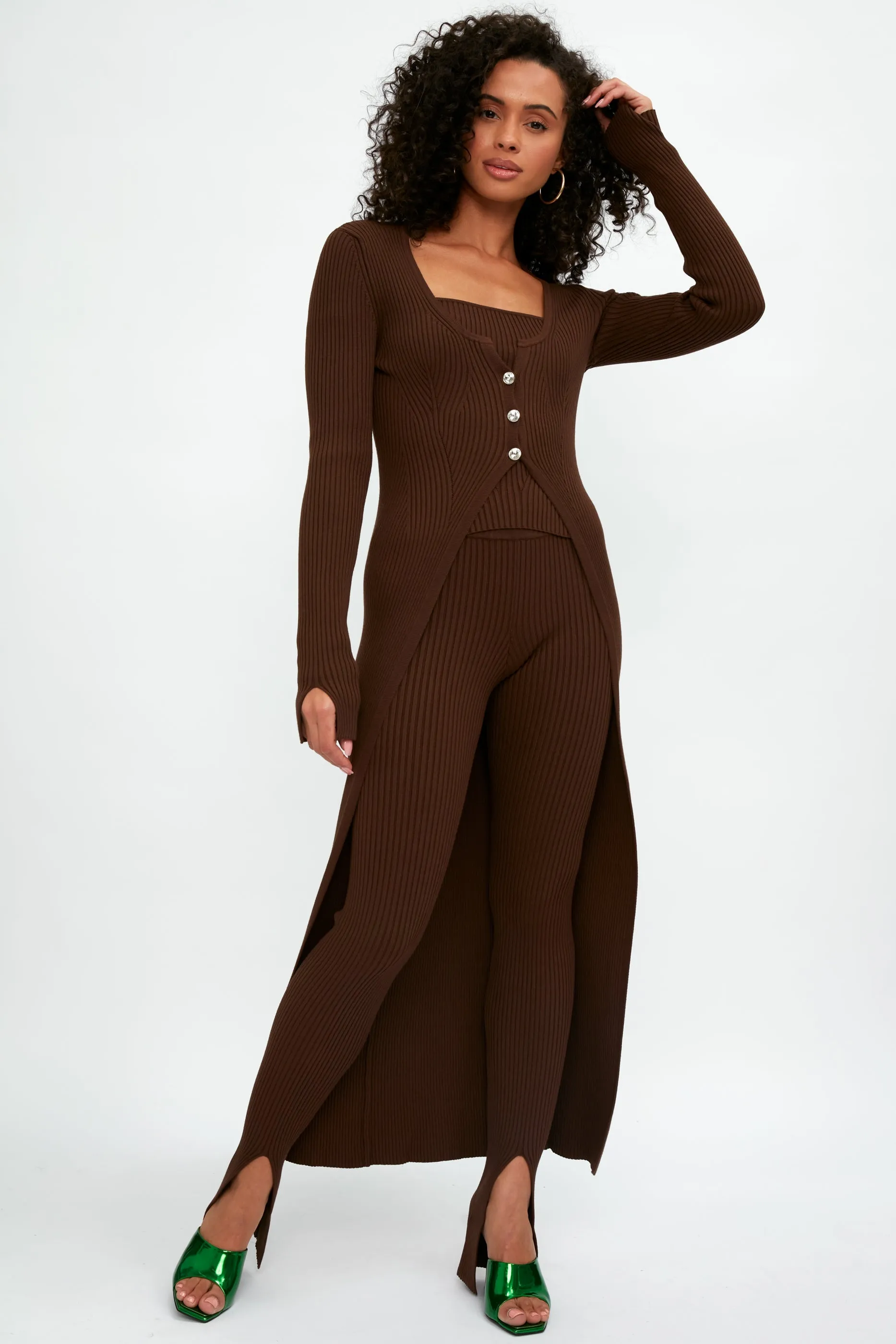 Long Ribbed Cardigan in Chocolate